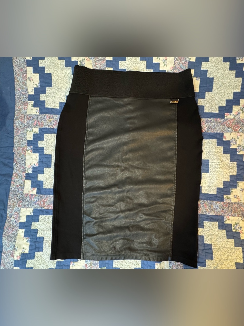 Calvin Klein Black Faux Leather-Panel Pencil Skirt